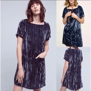 Anthropologie Floreat Crinkled Blue Velvet Pocket oversized Shift Dress Size-Sma